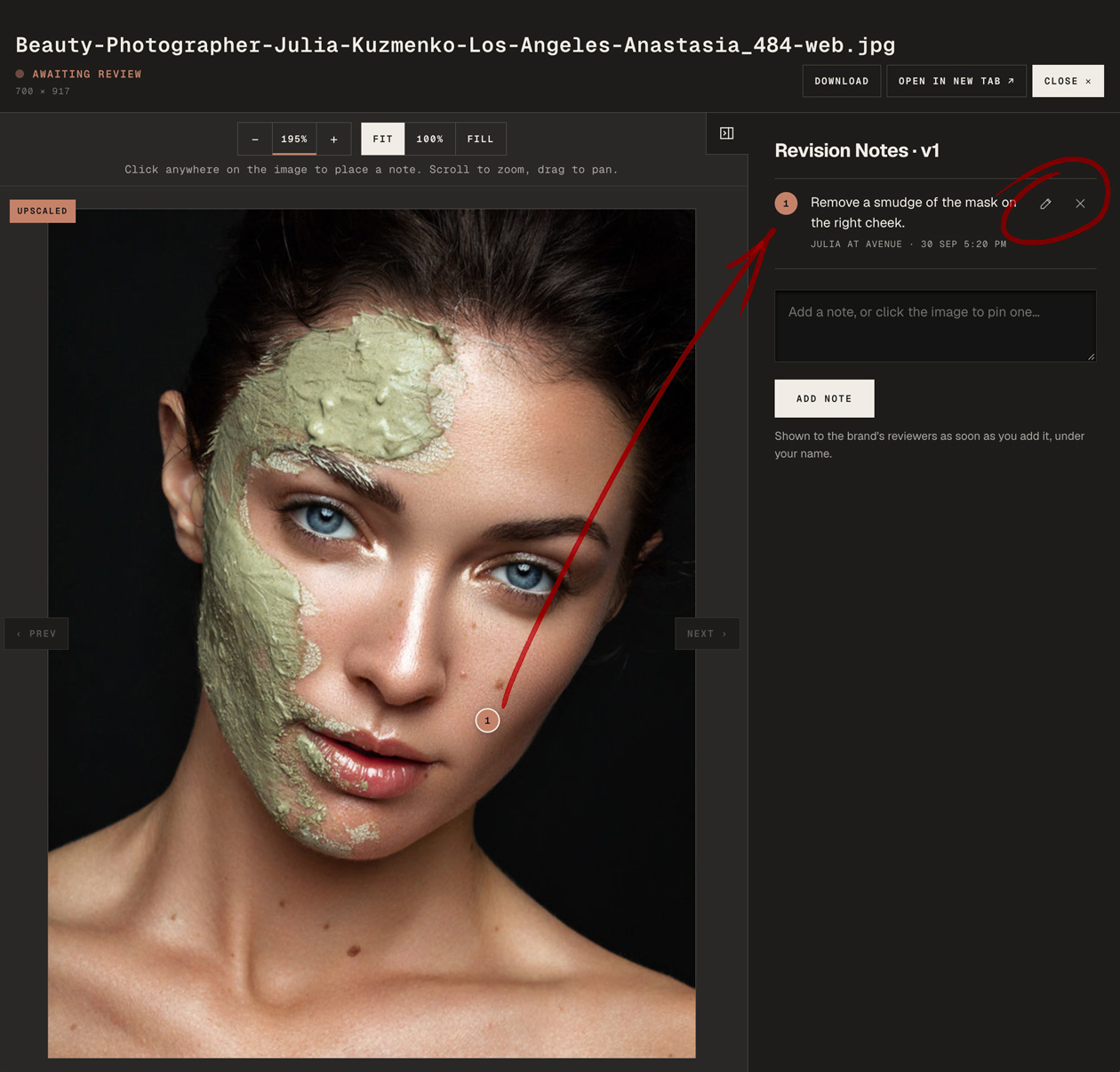 A pin on the image, and an editable note beside it.