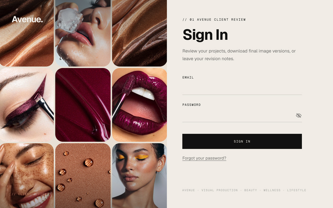 The sign-in screen at avenueretouching.com/review-login.